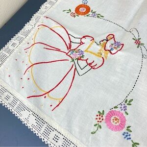 Vintage Hand Embroidered Linen & Lace Tablecloth Crinoline Ladies in Hoop Skirts